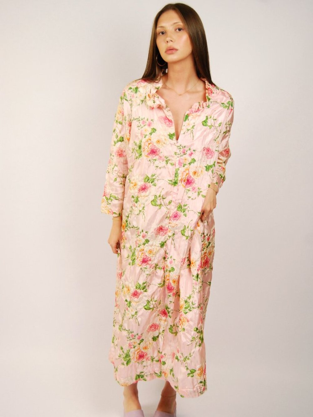 80s Floral Nightgown (2XL) pink vintage womens maxi dress nightie cottagecore